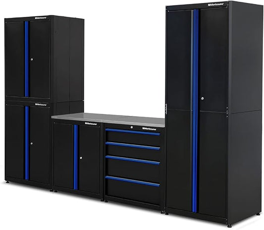Montezuma Garage Tool Storage System - 5Piece Combo Workbench with Locking Cabinet & Stainless Steel Worktop - Pc-Efgh