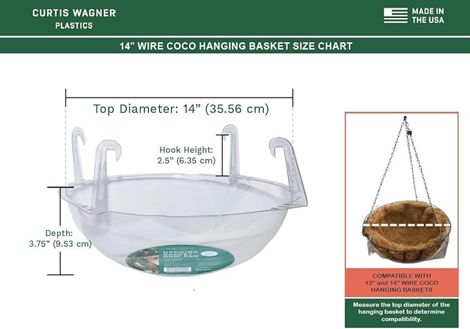 Curtis Wagner Plastics Wire Coco Hanging Basket Drip Pans (5-Pack) | Clear, Round (Top 12” - 14", Depth 3.75") Hanging Plant Tray Saucer with Built-in Hooks & Water Catcher for Indoor & Outdoor