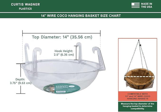 Curtis Wagner Plastics Wire Coco Hanging Basket Drip Pans (5-Pack) | Clear, Round (Top 12” - 14", Depth 3.75") Hanging Plant Tray Saucer with Built-in Hooks & Water Catcher for Indoor & Outdoor