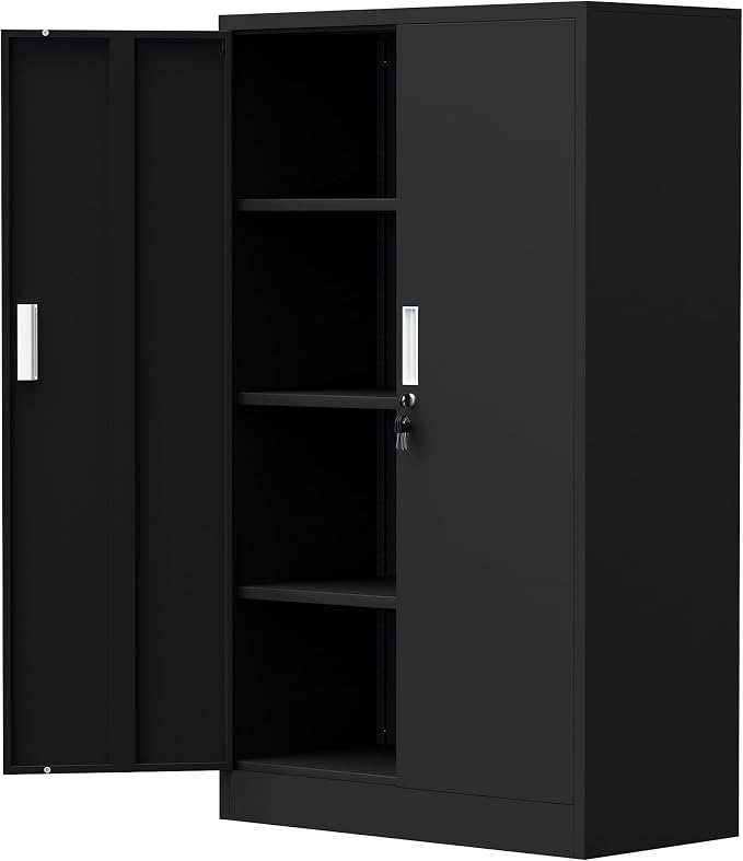 iJINGUR Metal Storage Cabinet with Locking Doors and Adjustable Shelves, 53.5-Inch Tall Lockable Storage Cabinets for Home Office Garage Kitchen Pantry (Black)