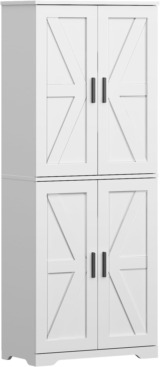 Farmhouse Storage Cabinet with 4 Door, Kitchen Pantry Storage with 4 Adjustable Shelves Wooden Cupboard for Kitchen, Dining Room, Living Room, Bathroom (White)