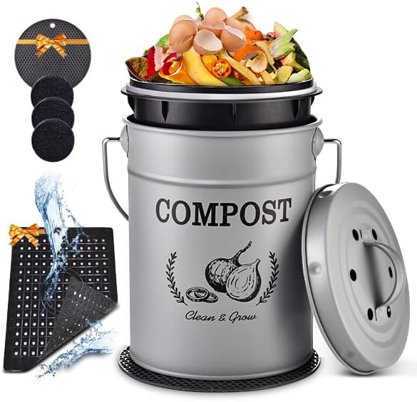 AOSION 1 Gallon Countertop Compost Bin for Kitchen with Lid,Odor Resistant | Farmhouse compost bin with charcoal filter,inner bucket and bags,easy kitchen food waste storage