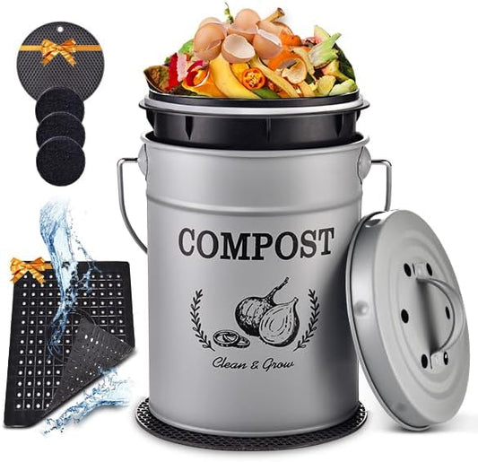 AOSION 1 Gallon Countertop Compost Bin for Kitchen with Lid,Odor Resistant | Farmhouse compost bin with charcoal filter,inner bucket and bags,easy kitchen food waste storage