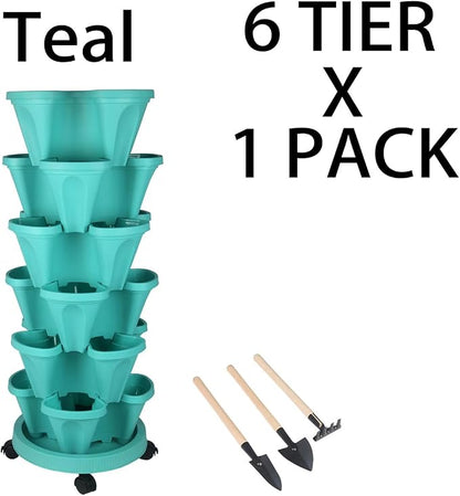 GameXcel Vertical Planter Tower - 6 Tier Stackable Garden Planters with Wheels and Tools Plant Pots for Strawberry Herb Flower and Vegetable Indoor Outdoor Use Teal