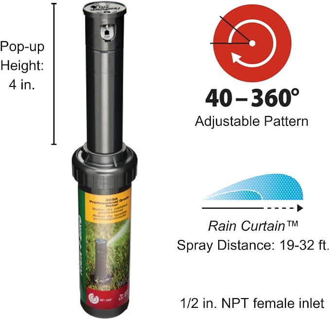 Rain Bird 32SA/4PKS Simple Adjust 32SA Gear Drive Rotor, Adjustable 40° - 360° Pattern, 19' - 32' Spray Distance, 16-Pack