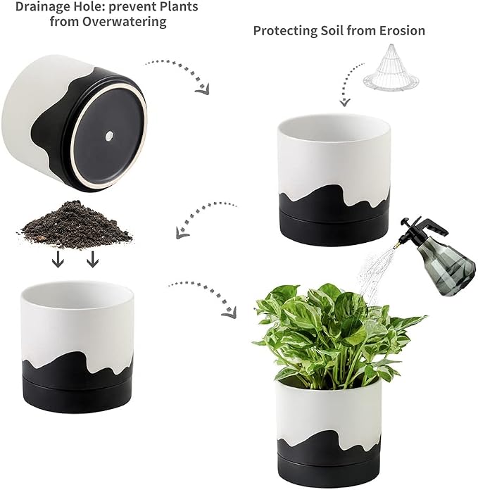 Nihow Ceramic Plant Pot,6 Inch Planter with Drainage Hole&Saucer for Indoor | White & Black,Indoor & Outdoor, Cylinder Round Flower Pot, For Succulent/Herbs/Violets