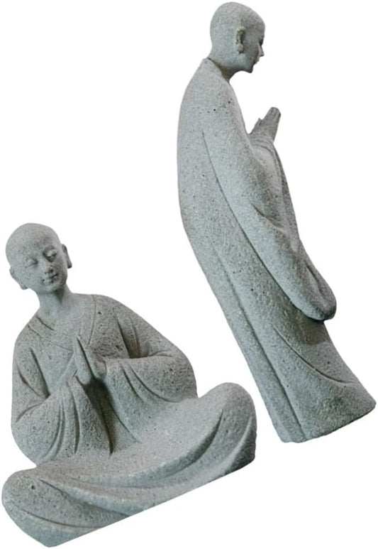 Happyyami Bonsai 2pcs Stone Monk Figurines Zen Buddha Statues Standing Monk Sculptures for Outdoor Landscape Garden Decoration Light Grey Miniature Figurines Miniature
