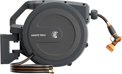Giraffe Tools Garden Hose Reel 1/2" x 100 ft,Wall Mounted Retractable Water Hose Reel, Automatic Rewind & Lock at Any Length