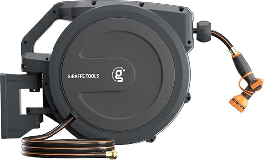 Giraffe Tools Garden Hose Reel 1/2" x 100 ft,Wall Mounted Retractable Water Hose Reel, Automatic Rewind & Lock at Any Length