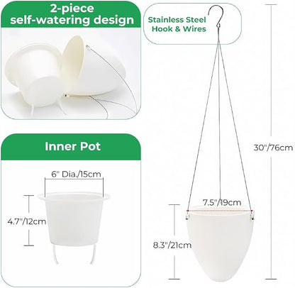 Self-Watering Hanging Planter: 6 Inch Inner Diameter, Indoor Outdoor, Stainless Steel Wire Hanger & Drip Tray, Pothos Philodendron Fern Herbs Scindapsus, Modern Minimalist Design (3 Pack, White)