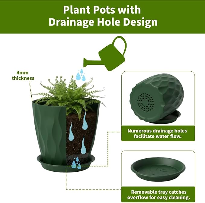 8 Inch Plastic Plant Pots for Plants with Drainage Holes and Saucer, 6 Pack | Planter for Indoor/Outdoor Plants, Modern Decorative Flower Pots for Home, Garden