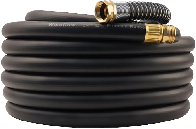 Wiseflow Garden Hose 50FT x 3/4", Heavy Duty Rubber Hose, Water Hose with Five Layered Braiding, Male Female Fittings, 1200PSI Burst, 300PSI Working for Yard, Car Wash, Pets (Black)