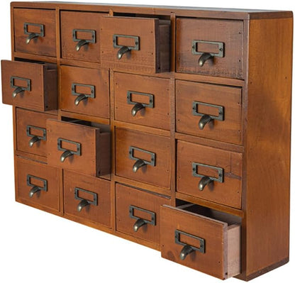 Apothecary Drawers Apothecary Cabinet with Drawers, Brown | 16 Drawer Library Card Catalog, Wooden Storage Box, Wooden Desktop Organizer with Metal Handles-Fulled Assembled