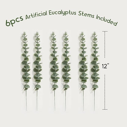 3-Pack Wood Wall Planters with 6 Removable Faux Eucalyptus Stems - Modern Farmhouse Wall Decor for Living Room, Bedroom, Bathroom - Wooden Wall Vases and Fake Eucalyptus for Home Office Decor