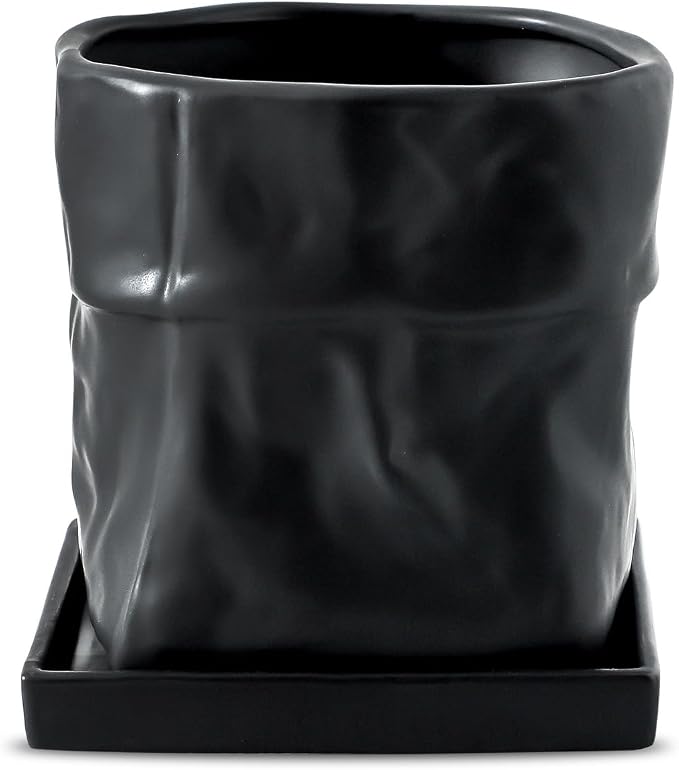 Nihow 6 Inch Ceramic Plant Pot with Drainage & Square Saucer,Black | Bag Shape Design,Indoor & Outdoor，Living room/Office/Bedroom/Windowsill/Tabletop，Plant Lovers/Gardeners/Beginners