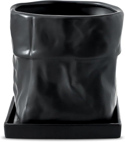 Nihow 6 Inch Ceramic Plant Pot with Drainage & Square Saucer,Black | Bag Shape Design,Indoor & Outdoor，Living room/Office/Bedroom/Windowsill/Tabletop，Plant Lovers/Gardeners/Beginners