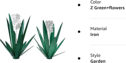 Metal Agave Plant Garden Art, 2 Pack Tequila Rustic Sculpture, Rustic Metal Agave Plants for Yard Stakes, Garden Figurines, Outdoor Patio (2 PCS White Flowers)