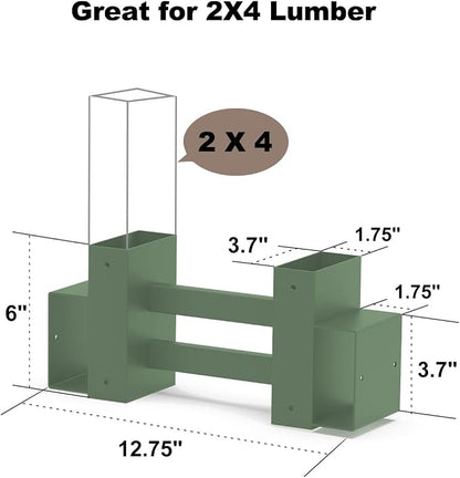 Outdoor Firewood Rack Bracket Kit with 4 Support Bars for Fire Wood Pile Storage, Heavy Duty DIY Fireplace Log Stacking Stand Holder for 2x4 lumber, Green, 1 Pair