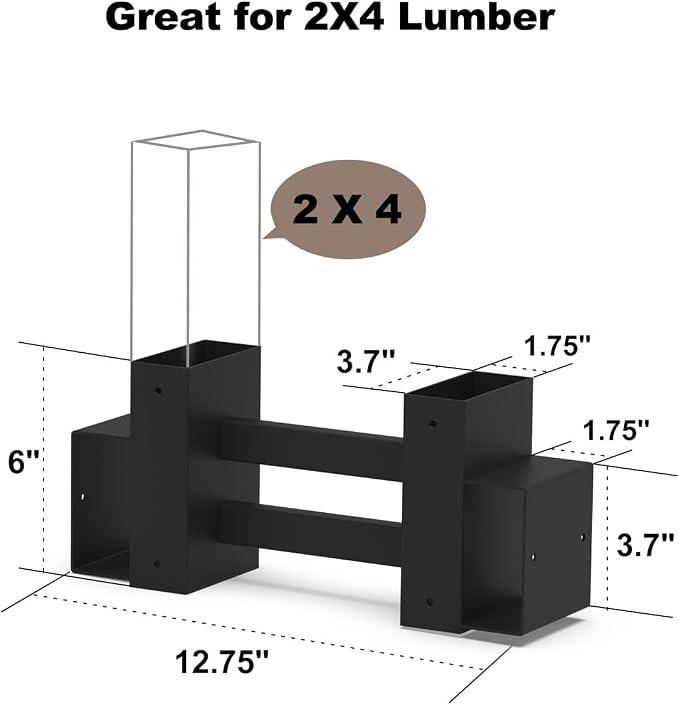 Outdoor Firewood Rack Bracket Kit with 4 Support Bars for Fire Wood Pile Storage, Heavy Duty DIY Fireplace Log Stacking Stand Holder for 2x4 lumber, Black, 1 Pair