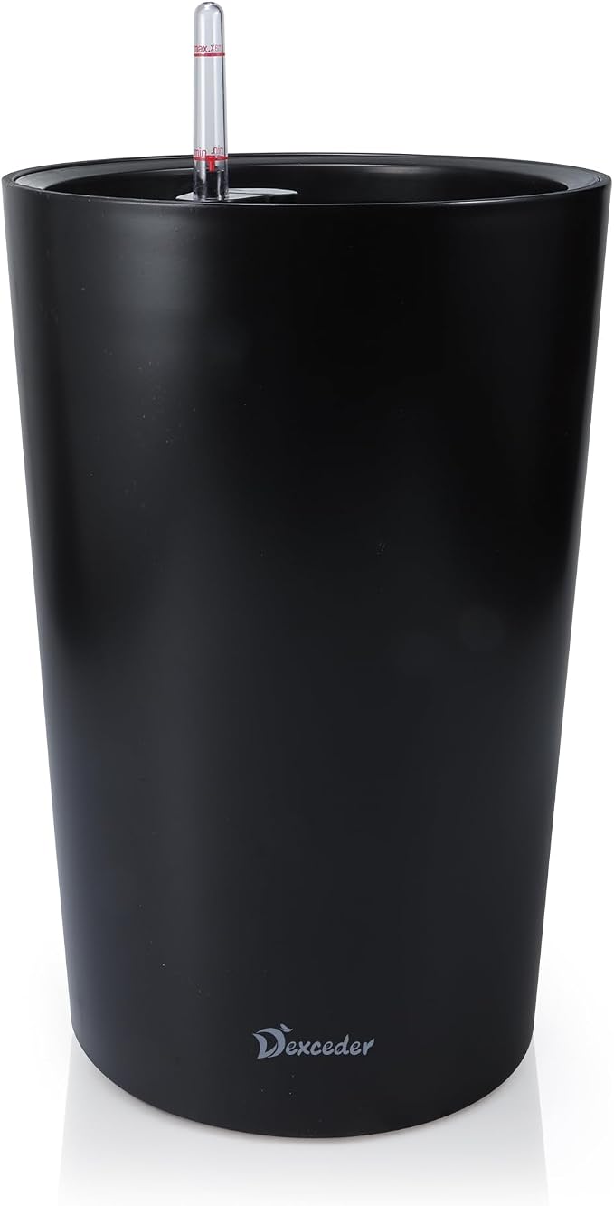 Dexceder 16x12 Self Watering Tall Planter (Black Matte) | High Cylinder, Thickened Large Floor Standing Flower Plant Pot with Water Level Indicator Indoor Outdoor