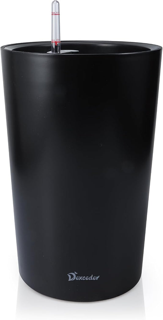 Dexceder 16x12 Self Watering Tall Planter (Black Matte) | High Cylinder, Thickened Large Floor Standing Flower Plant Pot with Water Level Indicator Indoor Outdoor