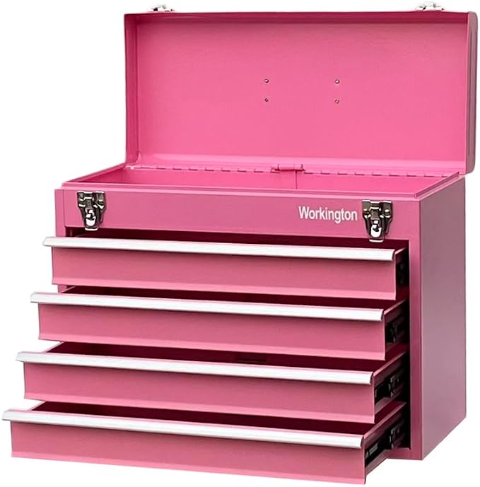 Workington Portable Metal Tool Chest with 4 Drawers, 20" 4-Drawer Tool Chest Cabinet with Ball Bearing Drawer Slides, Steel Tool Storage Box Organizer 4004 Pink