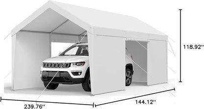 VEVOR Carport, 12 x 20 FT Outdoor Car Canopy, Potable Carport with Removable Sidewalls & Door, Heavy Duty Car Shelter, UV-Resistant & Water-Resistant, All-Season Protection for Automobile Boat White