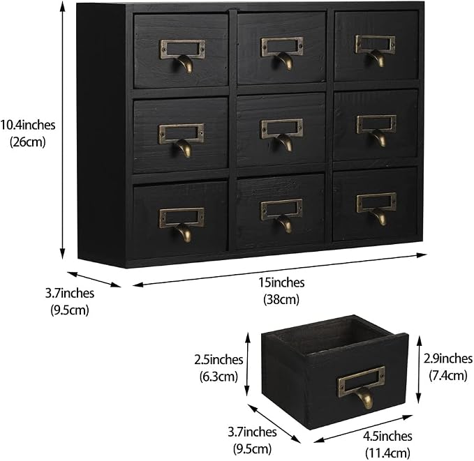 Apothecary Drawers Apothecary Cabinet with Drawers, Black | 9 Drawer Library Card Catalog, Wooden Storage Box, Wooden Desktop Organizer with Metal Handles-Fulled Assembled