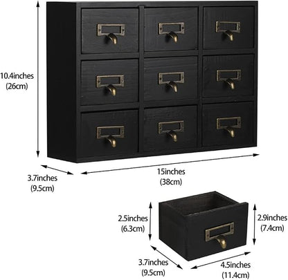 Apothecary Drawers Apothecary Cabinet with Drawers, Black | 9 Drawer Library Card Catalog, Wooden Storage Box, Wooden Desktop Organizer with Metal Handles-Fulled Assembled