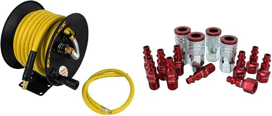 DEWALT DXCM024-0348 3/8" x 50' Manual Hose Reel with Rubber Hose, Yellow & ColorFit by Milton Coupler & Plug Kit - (M-Style, Red) - 1/4" NPT, (14-Piece) - S-314MKIT
