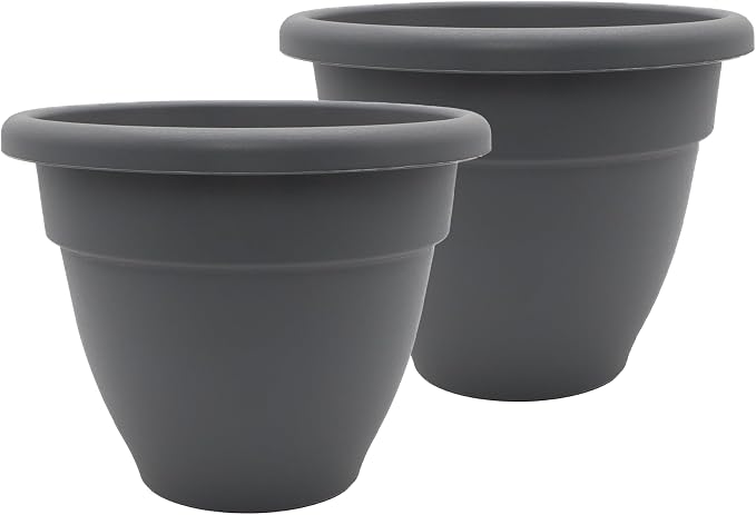 The HC Companies 14 Inch Caribbean Planter Pots with Drainage & Plug, Rolled Rim Plastic Planters for Indoor & Outdoor Plants, 2-Pack Decorative Flower Pots for Garden, Office & Home Decor, Warm Gray