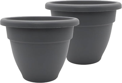 The HC Companies 14 Inch Caribbean Planter Pots with Drainage & Plug, Rolled Rim Plastic Planters for Indoor & Outdoor Plants, 2-Pack Decorative Flower Pots for Garden, Office & Home Decor, Warm Gray