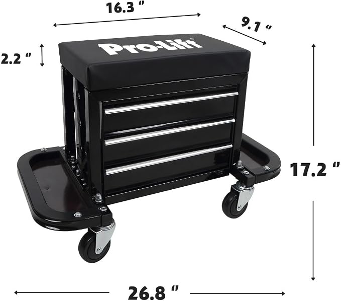 Pro-Lift Mechanic Roller Seat with Tool Box - 3-Drawer Rolling Tool Chest Stool with Padded Seat Cushion for Garage Creeper – 400 Lbs Capacity