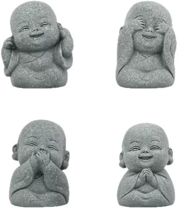 4PCS Laughing Buddha Statue for Good Luck & Feng Shui Decor – Cute Small Zen Monk Sandstone Sculpture for Home, Office, Desk, Aquarium Decor (Four no Zen Statue)