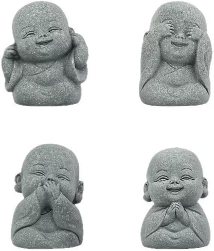 4PCS Laughing Buddha Statue for Good Luck & Feng Shui Decor – Cute Small Zen Monk Sandstone Sculpture for Home, Office, Desk, Aquarium Decor (Four no Zen Statue)