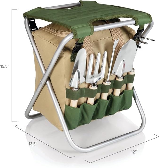 PICNIC TIME Disney Mickey Mouse Gardener Folding Seat with Tools, Folding Garden Stool with Detachable Tote and Hand Tool Set Organizer, Portable Gardening Chair, (Olive Green with Beige Accents)