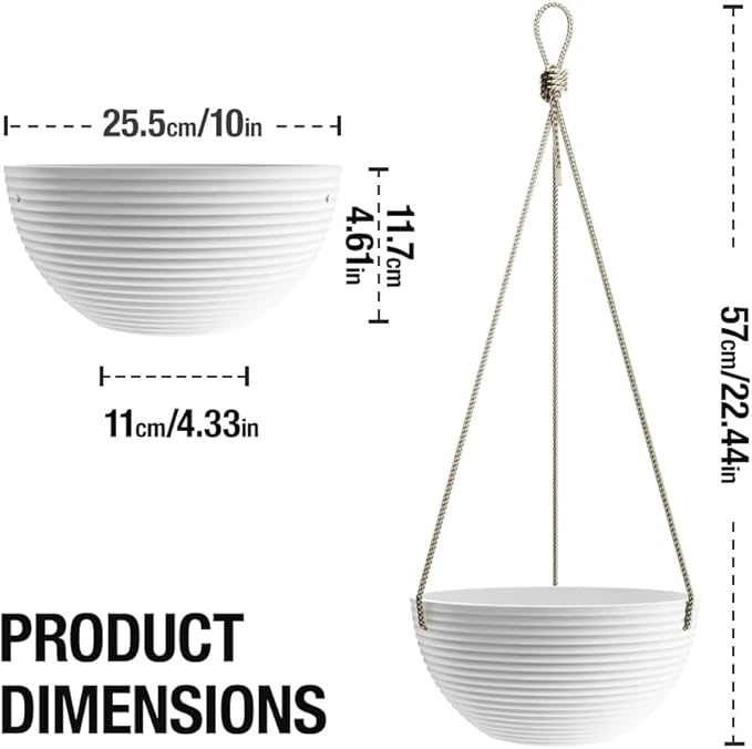 Asnext Line Pattern 10 Inch Hanging Planter for Indoor Outdoor Plants, 2 Pack Round Hanging Pots for Plants (White)