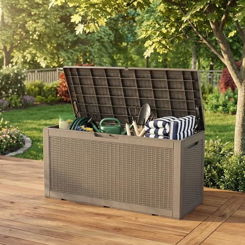 100 Gallon Deck Box, Waterproof Resin Outdoor Storage Box with Lockable Lid, Patio Storage Box with Fade Resistant for Patio Furniture Cushions, Pool Accessories, Garden Tools, Light Coffee