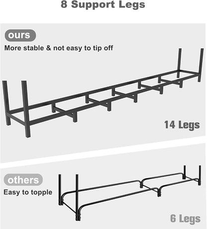 8ft Outdoor Firewood Rack Holder with 14 Support Legs for Fire Wood Pile Storage, Adjustable Heavy Duty Log Stacker Stand Organizer, Black