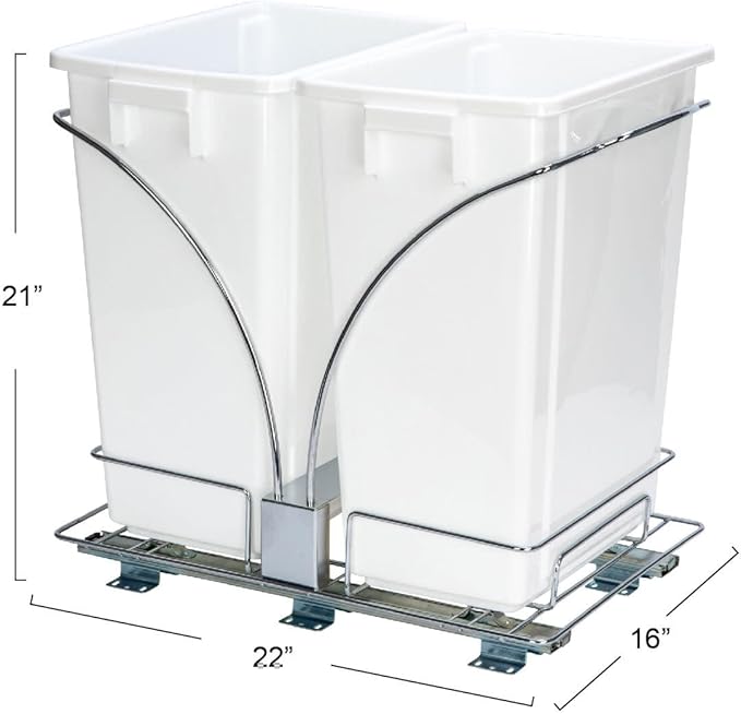 Household Essentials Chrome Steel Sliding Double Waste Bin with White Plastic Inserts