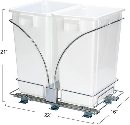 Household Essentials Chrome Steel Sliding Double Waste Bin with White Plastic Inserts