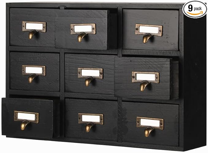 Apothecary Drawers Apothecary Cabinet with Drawers, Black | 9 Drawer Library Card Catalog, Wooden Storage Box, Wooden Desktop Organizer with Metal Handles-Fulled Assembled