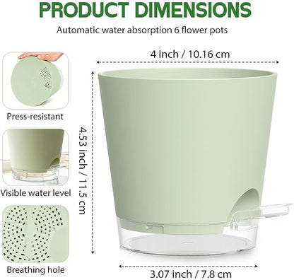 Self Watering Pots for Plants, 2026 New Flower Plant Pots with Drainage Holes, Wicking and Clear Reservoirs for Succulent, Aloe, Cacti and Others - 6 Pack (Green, 4")