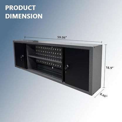 JZD Metal Wall Mount Cabinet 59" Long, Included 22 Hooks & Tool Holders, Space Saving for Workshop Storage Solutions