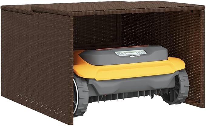 vidaXL Robot Mower Garage, Outdoor Lawn Mower Storage, Garden Storage Small Shed for Lawn Mower, Robot Mower Carport, Lawn Mower Shelter, Brown Poly Rattan