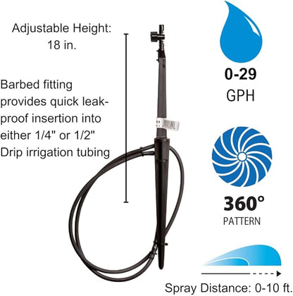 Rain Bird MSSTKTF1S Drip Irrigation Micro-Spray on Adjustable Height Staked Riser with 1/4" Tubing and Barbed Coupler, 360° Full Circle Pattern, 0-13.5' Spray Distance