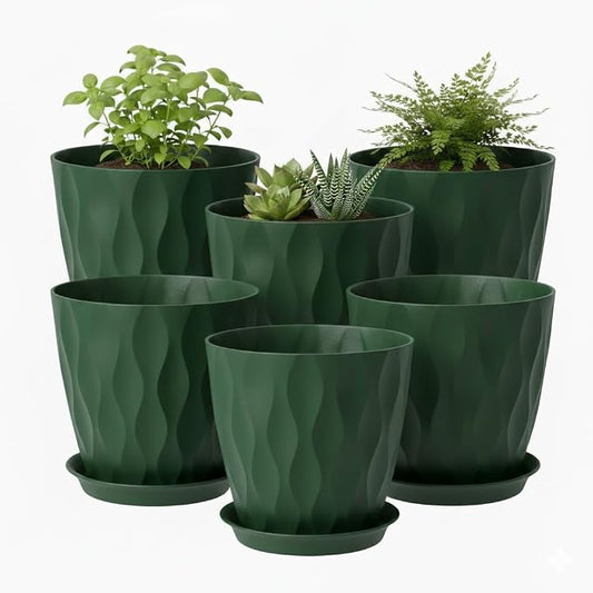 8 Inch Plastic Plant Pots for Plants with Drainage Holes and Saucer, 6 Pack | Planter for Indoor/Outdoor Plants, Modern Decorative Flower Pots for Home, Garden