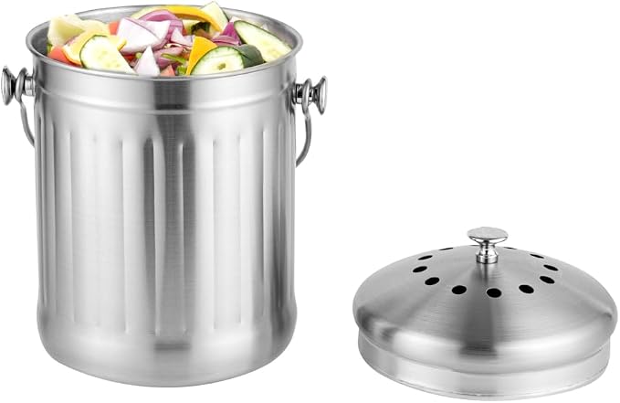 Restaurantware RW Clean 1.3 Gallon Countertop Food Waste Bin 1 Compact Food Waste Container - Avoids Rusting Airtight Lid Stainless Steel 201 Countertop Compost Bin Charcoal Filter