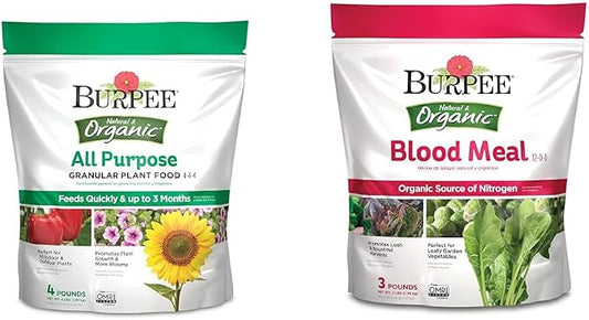 Burpee 4lb Organic Plant Food + 3lb Organic Blood Meal Fertilizer Bundle for Vegetable Garden, Flower Garden & Seed Starting