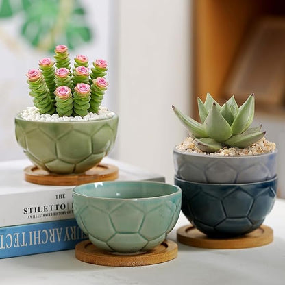YYW Ceramic Succulent Planter, 4 Pack Cute Garden Pots with Drainage and Attached Saucer